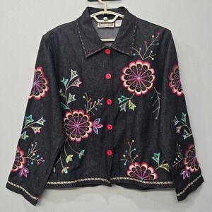 Vintage Y2K Floral Embroidered‎ Denim Jacket Medium Black Boho Folk Art To Wear